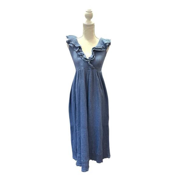 Hatch Sarah Maternity Dress Blue Smocked Ruffle Midi Cotton Elegant Size 0 (XS) - Picture 3 of 8